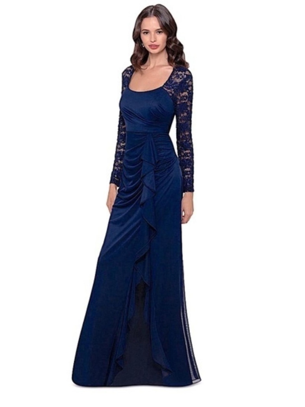 Navy xscape Lace Sleeve Evening Gown sz 8 stretchy